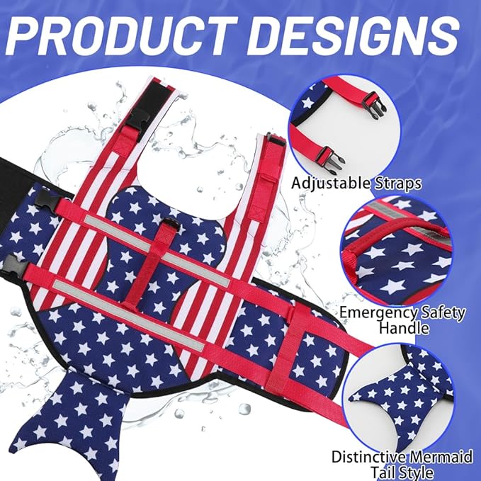 EMUST Dog Life Jacket for Large Dogs, Ripstop XL Pet Float Vest with Rescue Handle for Water at Pool, Beach, Boating (XL,MermaidStar)