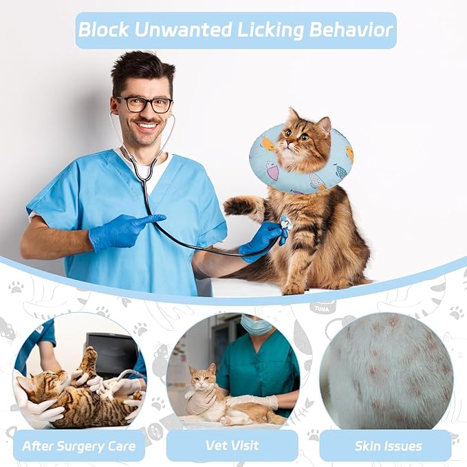 Seyezo Cat Cone Collar Soft, Adjustable Cat Recovery Collars Kitten Cones to Stop Licking, Cute Donut Cones for Cats After Surgery, Elizabethan Collar for Kittens After Spay(Blue Fish, Large)