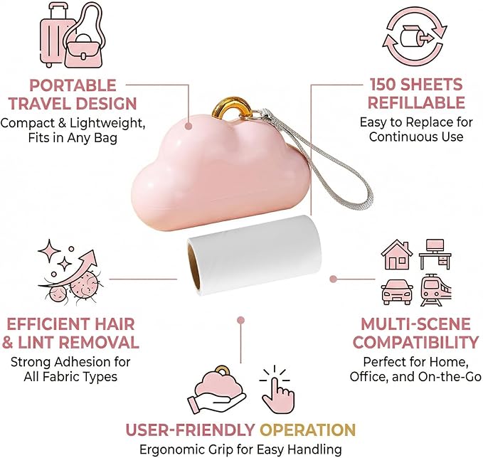 Mini Travel Size Lint Roller, Reusable Pet Hair Remover for Clothes,150 Refillable Sheets, Pink | Portable Lint Roller for Essentials & Travel Accessories