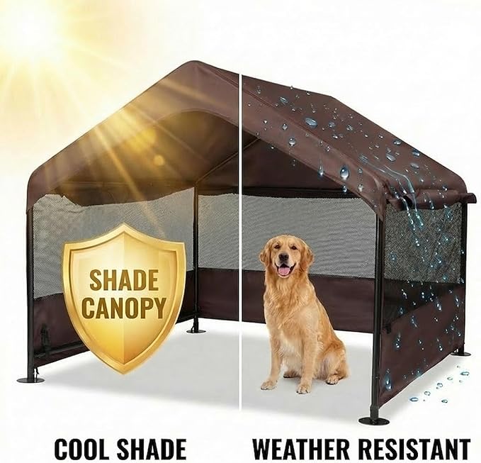 Dog Tent House Outdoor Shade 4'x4'x3' Shelter for Large Medium Pets,Outside Sun Rain Waterproof Canopy with Three-Sided Breathable Mesh Windows,Livestock House with Ground Nails,Brown