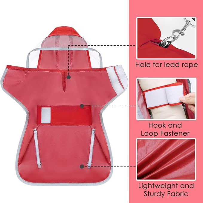 Lukovee Dog Raincoat - Lightweight Hooded Dog Rain Coat for Large Medium Small Dogs, Adjustable Poncho Jacket with Reflective Stripes & Built-in Storage Pocket (Red, Large)