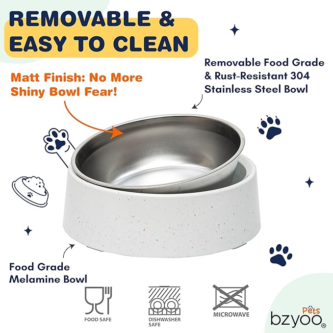 bzyoo 32oz 4CUP Dog & Cat Bowl, Sprinkle Design, Hygienic 304 Stainless Steel Pet Bowl with Removable Inner Bowl, Non-Slip Silicone Base, Dishwasher Safe, for Dry/Wet/Raw Food & Water (White)