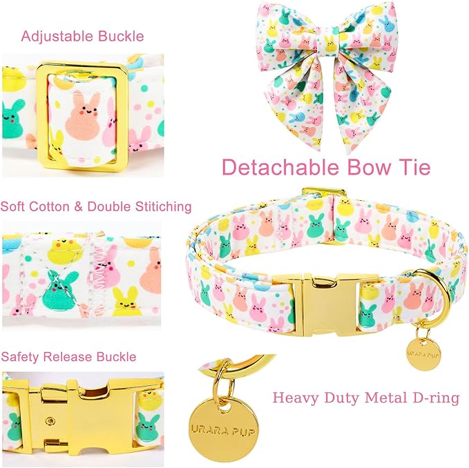 Easter Dog Collar with Bow Tie, Cotton Bunny Bowtie for Large Girl Boy Dog, Cute Rabbit Pet Collar with Metal Buckle, Gift, M