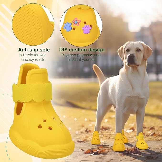Dog Shoes for Hot Pavement and Snow - Waterproof, Non-Slip, Breathable Booties with Adjustable Straps for Small Medium, and Large Dogs (Yellow, XXL)