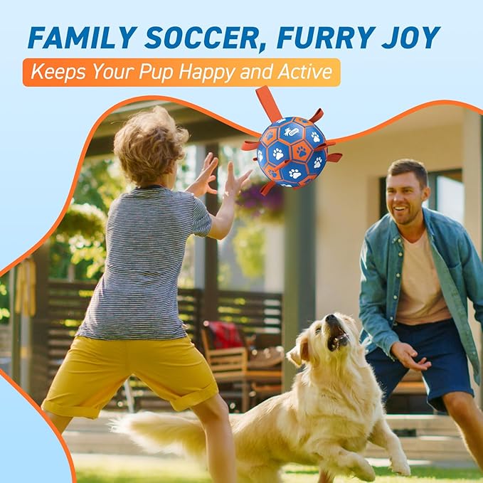 QDAN Dog Ropes Toys Soccer Ball with Straps, Puppy Birthday Gifts, Tug Toy, Durable Dog Balls for Medium & Large Dogs- Blue Orange(8 Inch)