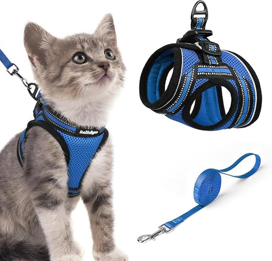 rabbitgoo Cat Harness and Leash Set for Walking Escape Proof, Adjustable Soft Kittens Vest with Reflective Strip for Cats, Comfortable Outdoor Vest, Blue, S