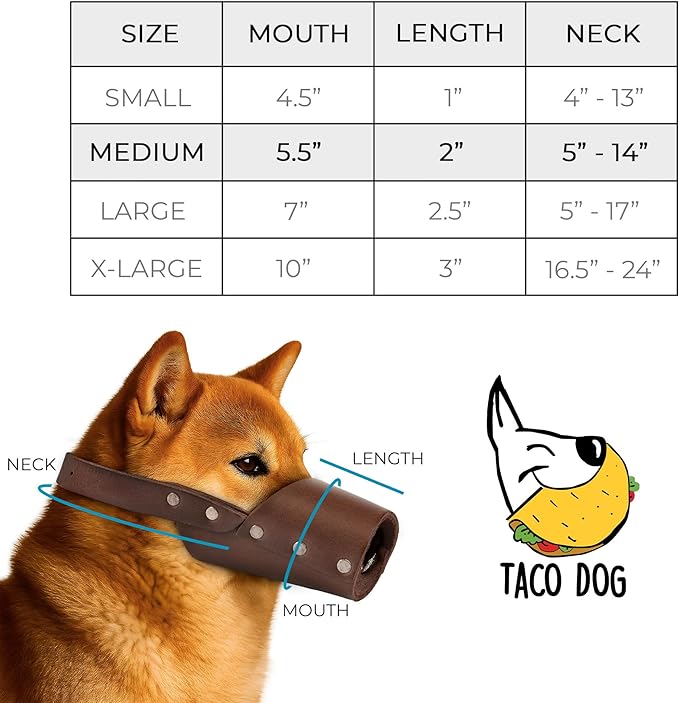 Taco Dog, Leather Dog Muzzle Guard Handmade from Full Grain Leather - Secure Training Cover, Mouth Guard Mask Prevents Biting Chewing (Bourbon Brown, Medium)