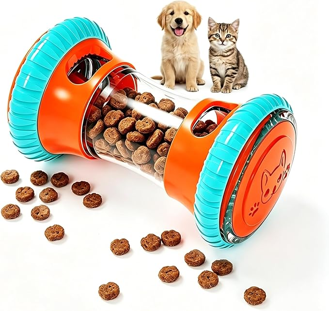 Interactive Dog Puzzle Toy & Slow Feeder-Fully Detachable Dishwasher Safe Treat Dispenser, Stepless Adjustable Dual Ports for Kibble & Freeze-Dried, Whisper-Quiet Rubber Wheels for All Breeds