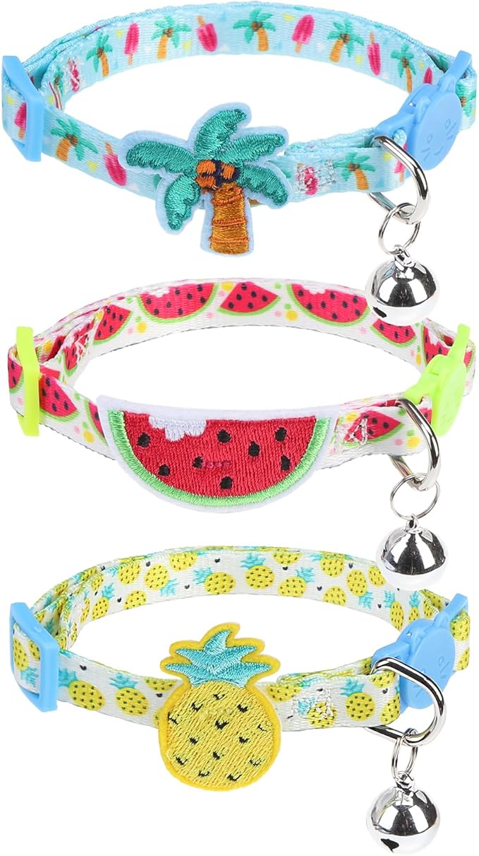 PUPTECK Cat Collar Breakaway with Bells, Kitten Collar Outfit Adjustable for Girl Boy Small Pet Puppy Bunny, Cute Costume Accessory with Safety Release Buckle (Sticker-Summer)