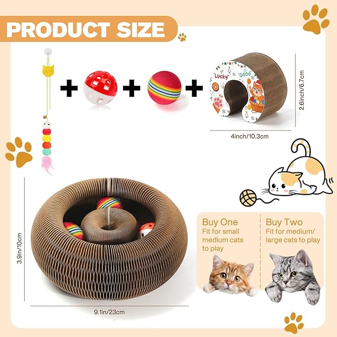 Magic Organ Cat Scratcher Boards with 2 Balls & 1 Interactive Cat Feather Toy, Foldable Recyclable Accordion Cats Toy with Ball and Track Adventure, Cat Scratching Pad