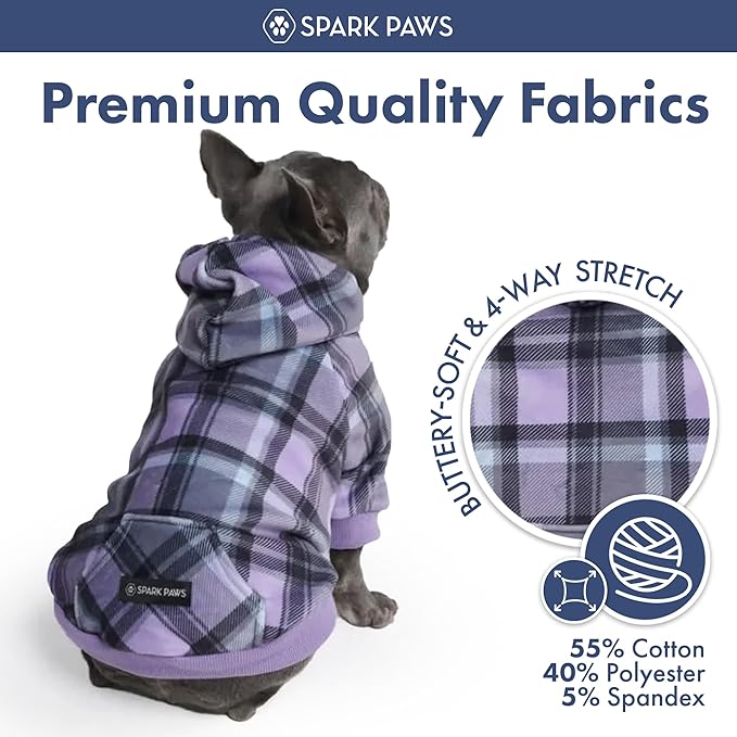 Spark Paws Dog Hoodie – Premium Dog Sweater for Small, Medium, and Large Dogs | Warm Outfits for French Bulldogs, Pitbull, Puppy, Winter Jacket Alternative - Purple Plaid - 4XL