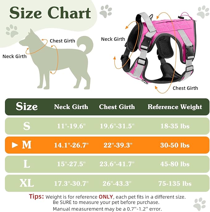 VavoPaw Heavy Duty Tactical Dog Harness for Large Dogs, No Pull Adjustable Pet Harness Reflective Service Training Easy Control Pet Vest Military K9 Working Dog Harnesses, Pink, M