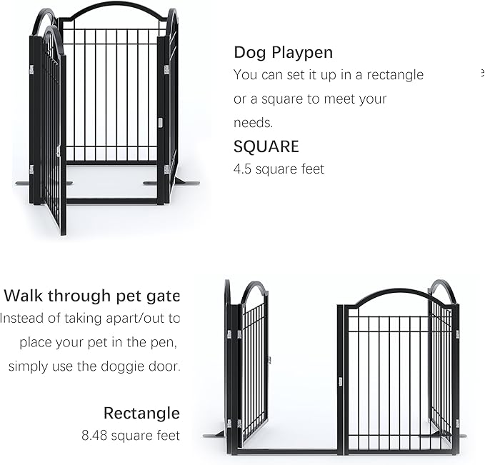 BHG Metal No-Assembly Freestanding Dog Gate with Door Walk Through, Extra Wide 96", Extra Tall 32" Pet Gate, Accordion Puppy Folding Playpen Dog Fence, with 2PCS Support (Black, 4 Panels)