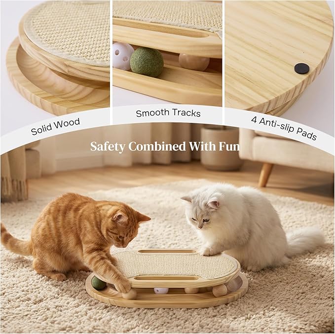 ZOMISIA Cat Scratcher with Ball Track Toy, Sisal Scratch Pad for Indoor Adult Cats, Wooden Interactive Cat Puzzle Toys for Kitten Mental Stimulation Self Play Home Enrichment