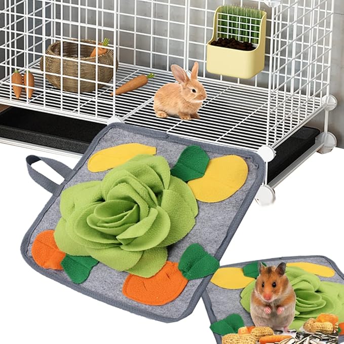 Abizoo Rabbit Toy Multifunction Foraging Mat,Polar Fleece11.8''x11.8'' Machine Washable Snuffle Mat Pad Interactive Fun Consume Energy for Chinchillas Guinea Pig Cage Accessories Bunny Treats Toys