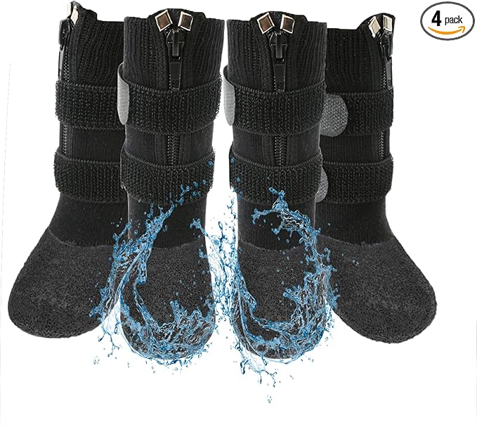 VALFRID Waterproof Grip Dog Shoes,Anti-Slip Dog Socks Boots,Zipper Dogs Booties Paw Protectors for Hardwood Floor,Indoor and Outdoor for Small Medium Large Dogs Black