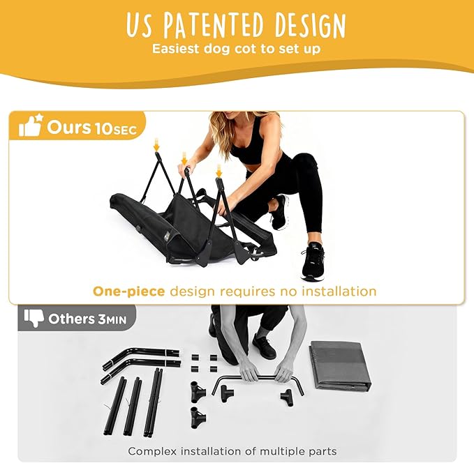 CANINE CANYON Upgraded Non-Slip Daisy Cot, Large Foldable Elevated Dog Bed, Portable Raised Outdoor Folding Dog Cot for Camping/Home, Chew Proof Waterproof Heavy Duty Up to 160 Lbs, Black, 43"x27"