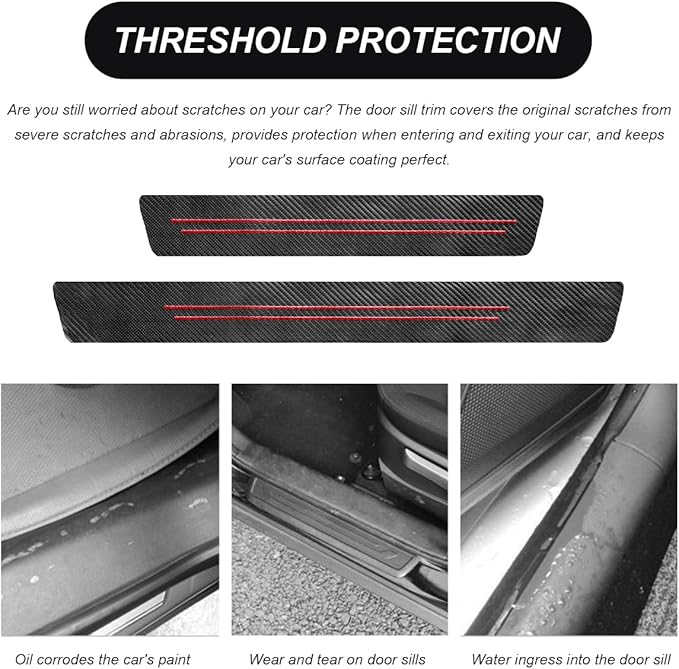 4 PCS Car Door Sill Protector, Waterproof Carbon Fiber Style Car Door Entry Guard Sill Protector, Anti-Scratch Door Threshold Strips Stickers for Most Vehicles, Car Accessories (Red-4pcs)
