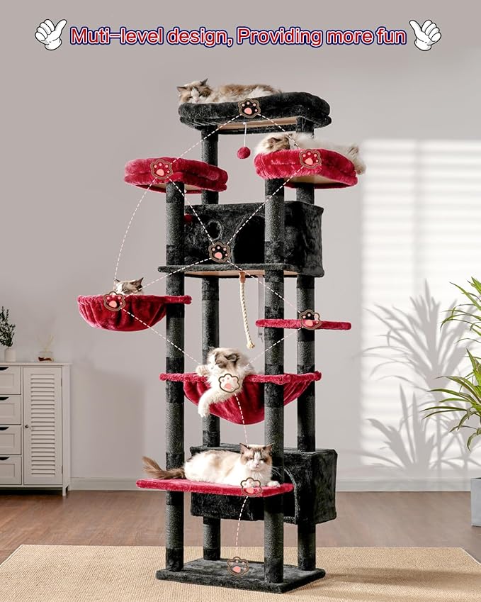 Gitelsnour Cat Tree for Indoor Cats Large Adult, 74" Cat Tower for with 3 Big Platforms, 2 Baskets, 2 Condos, Multi-Level Cat Scratching Posts, Black and Red GCT030BR
