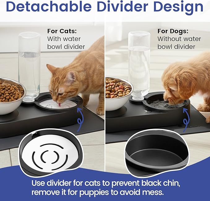 Raised Dog Cat Food Bowl, Cat Food and Water Bowl Set with Water Dispenser, Stainless Steel Bowls and Feeding Mat, Food Feeding Dishes for Indoor Cats and Small Dogs, Black
