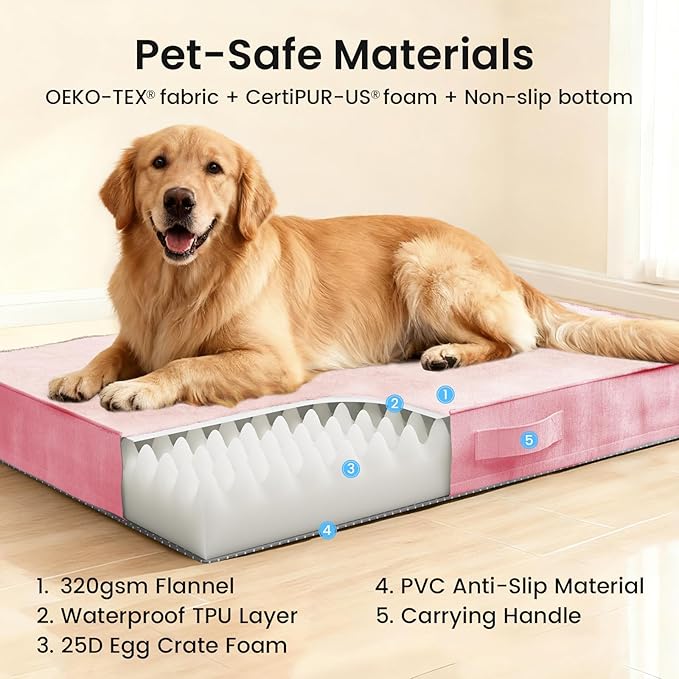 OhGeni Orthopedic Waterproof Dog Bed for Large Dogs, Machine-Washable Removable Cover in Easy-Clean Fabric, Reversible Memory Foam & Easy-Carry Handle, Suitable for Crate, 41 inch (Black)