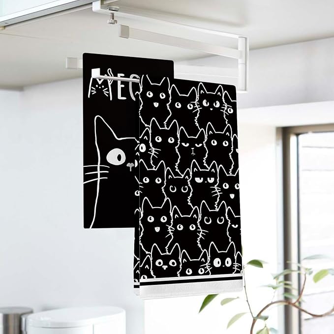 Black Cat Meow Kitchen Dish Towels Set of 2, Cute Kitten Drying Hand Towel Baking Cooking Cloth, Bathroom Home Decoration Pet Cat Owner Lover Gifts 18'' x 26''