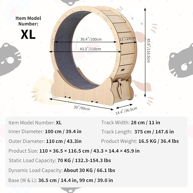 Cat Exercise Wheel for Indoor Cats, 43.3" XL Large Cat Running Wheels, Cats Treadmill Wheel with Locking Mechanism & Detachable Carpet-Quiet and Sturdy, Ideal for Most Pets Weight Loss and Health