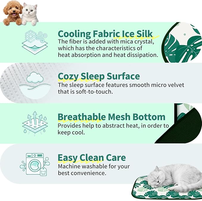 NWK Pack of 4 Pet Cooling Mat -Q-Max>0.345 Ice Silk Cooling Mat for Dogs & Cats Portable & Washable Pet Cooling Blanket, Car Seats, Beds for Summer (4pcs, Green Leaf, 27'' X 20'' X 0.3'')