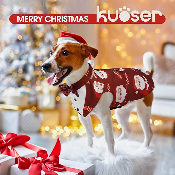 Kuoser Christmas Dog Tuxedo Dogs Suit and Bandana Set, Santa Claus Doggy Christmas Outfit Adjustable Pet Xmas Costume with Bow Tie for Large Medium Small Dogs Golden Retriever Samo Bulldogs, Red XL