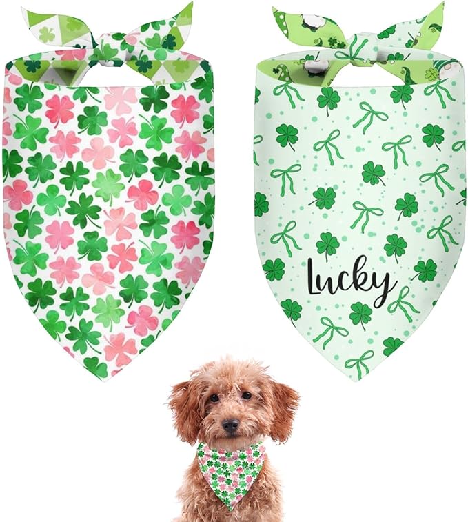 St. Patrick's Day Dog Bandana Reversible 2 Pack Small, St. Patricks Day Pet Bandanas for Dogs Cute Green Shamrock Adjustable Triangle Holiday Scarves for Small Medium Boy Girl Dogs