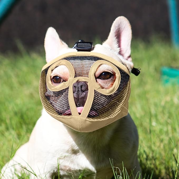 Short Snout Dog Muzzles- Adjustable Breathable Mesh Bulldog Muzzle for Biting Chewing Licking Training Grooming Dog Mask (Khaki, X-Large/ 18"-25")