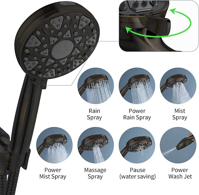 High Pressure Shower head with Handheld 7 Modes, Built-in Power Wash to Clear Tub. Tile &Pets, 5” High Flow Hand Held Rain Showerhead with Stainless Steel Hose and Adjustable Bracket-Oil Rubbed Bronze