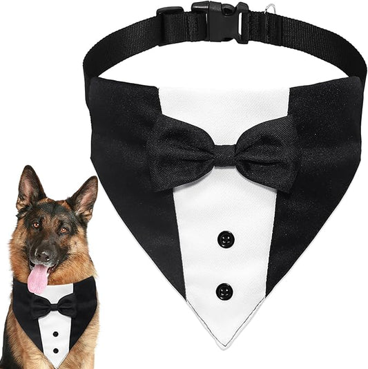 GOYOSWA Dog Tuxedo Suit Wedding Bandana Collar with Bow Tie, Adjustable Formal Dog Tux Engagement Birthday Tuxedo for Large X-Large Dogs Pets (X-Large: Neck 21"-30")