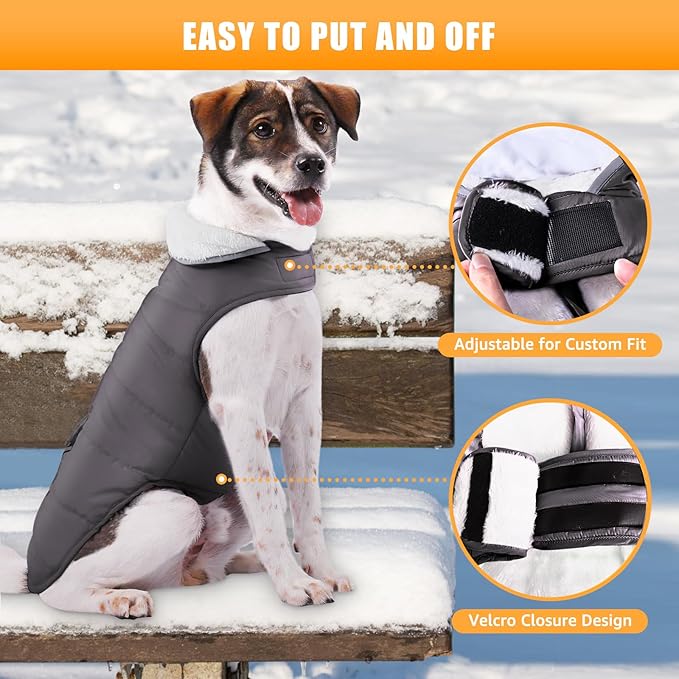 Dog Winter Jacket for Large Dogs, Easy on Dog Snow Coat Velcro Waterproof Pet Puffer Coat with Harness Hole Adjustable Reflective Quilted Pet Cold Weather Vest Wind-Poof for Boy Male