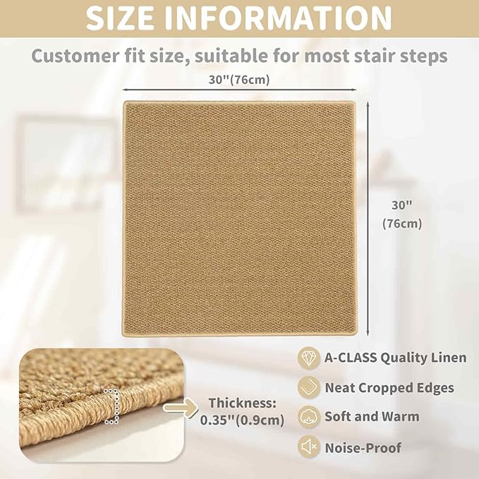 Brakki Bullnose Carpet Stair Treads, Non Slip Landing Mat for Wooden Steps Indoor, Soft Stair Rugs for Pets, Indoor Doormat for Kitchen Bathroom, Washable, 30"x30" 1pc, Beige