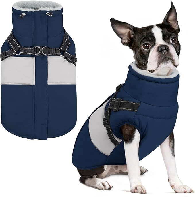 Dog Winter Coat, Waterproof Dog Coat Jacket with Harness for Medium Dogs Boys Girls, Reflective Fleece Lined Pet Snow Jacket Sweaters for Pug, Jack Russel, Boston Terrier, Navy Blue M