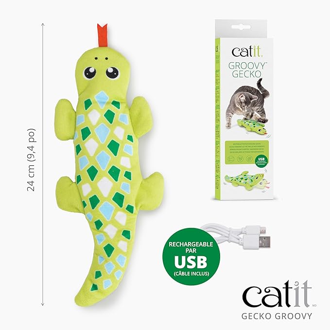 Catit Groovy Gecko Interactive Cat Toy – Flopping Motion Toy with Catnip & Silvervine, USB Rechargeable, Motion Sensor, Washable Cover – Green