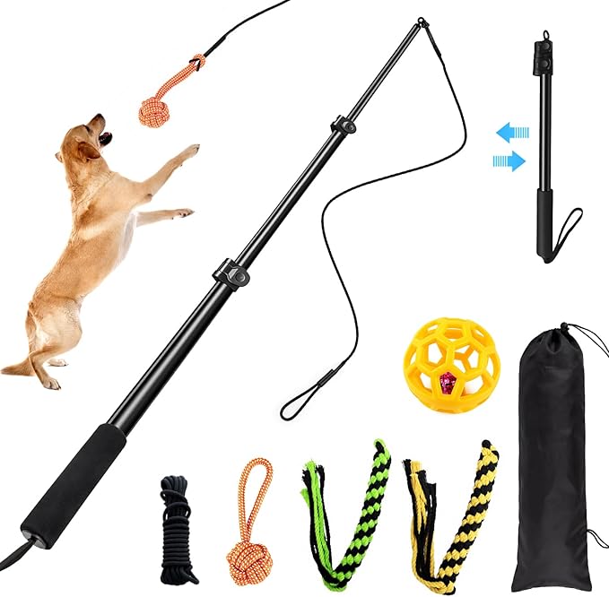 Flirt Pole for Dogs Heavy Duty – 40" Extendable Aluminum Alloy Dog Teaser Pole for Large, Medium & Small Dogs, Dog Training Stick Toy for Exercise & Training, Includes 4 Replaceable Lures