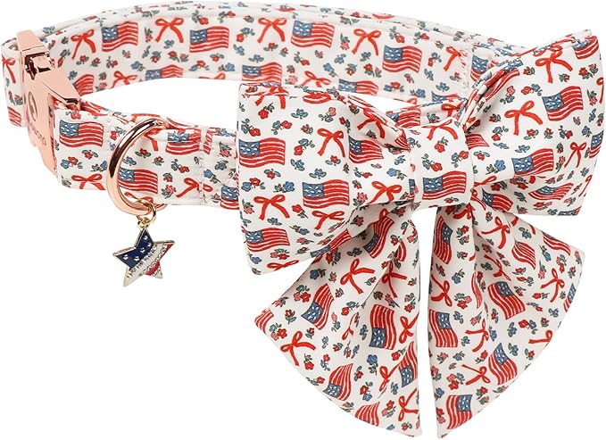 DOGWONG American Flag Dog Collar with Sailor Bow - Adjustable and Comfortable 4th of July Dog Collar Patriotic Necklace for Large Medium Small Pet,XL