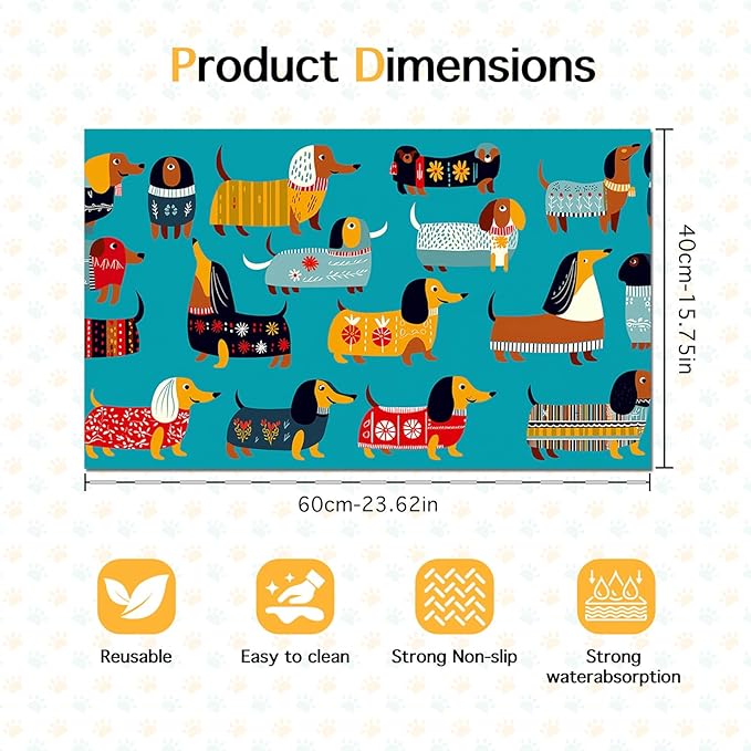HOMETITUTE Dachshund Dog Design 24x16 inch Non Slip Dog Food Mat Pet Bowl Placemat for Food and Water Small Dog Bowl Mats Cat Food Mat Easy to Clean Feeding Mats for Small Pets Cute