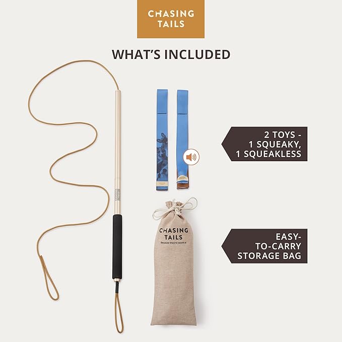 Chasing Tails Flirt Pole for Small Dogs - 26 Inch with 70 Inch Rope and Two Toys -Interactive Play Equipment for Small and Medium Breeds - Durable and Fun Exercise Tool for Active Pets