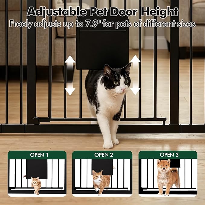 Metal Pet Gate with Cat Door, Adjustable Dog Gate for Doorways & Stairs, Pressure Mounted, Auto-Close, No Tools Needed, 31-46 Inches, Black