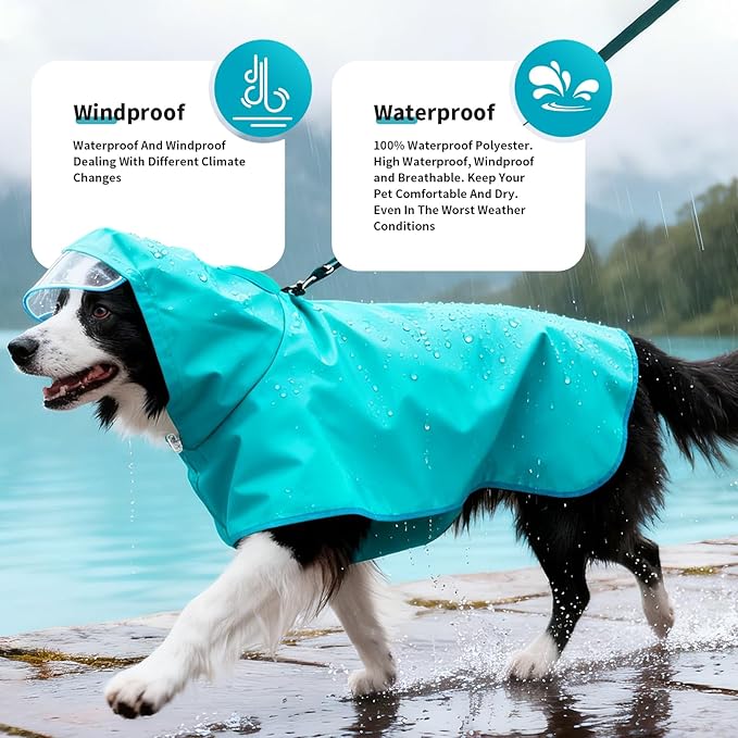 Dog Raincoat, Waterproof Windproof Dog Rain Jacket with Hood, Rain Coat with Leash Hole, Adjustable Raincoat Poncho for Small Medium Large Dogs Outdoor (Blue, L+)
