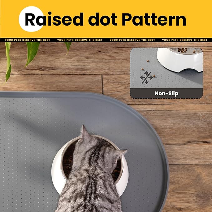 Conlun Dog Food Mat,1/2 Inch Raised Edges Cat Feeding Mat for Spill Containment,BPA-Free Silicone Pet Food Mats for Floor Waterproof,Rubber Dog Placemats for Food and Water Bowls(Grey,19"x12")