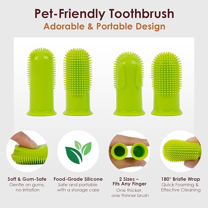 2-Pack Dog Toothbrush for Different Finger Sizes, 180° Bristle Coverage, Soft Dog Tooth Brushing Kit for Medium & Large Dogs, Dental Care Pet Teeth Plaque and Tartar Cleaning, Food-Grade Silicone