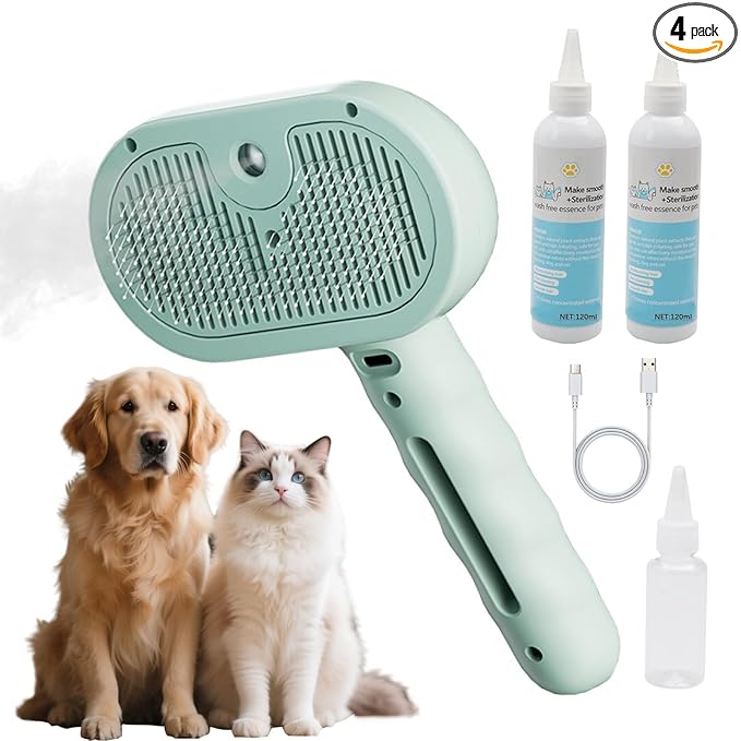 Pet Steam Brush for Dogs & Cats - 3-in-1 Deshedding & Detangling Tool with Steam Spray, Anti-Static Grooming Brush for Long/Short Haired Pets, Waterless Cleaning & Massage(Green)