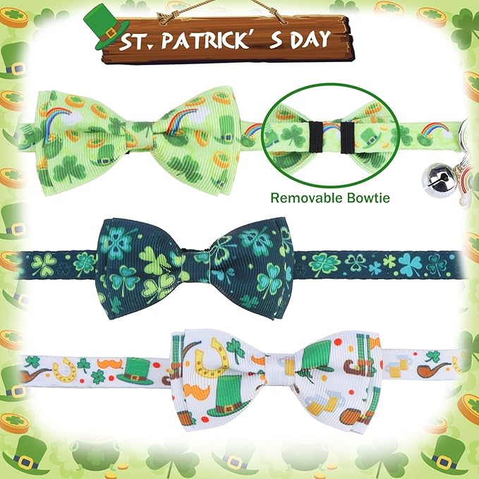 PUPTECK Cat Collar Breakaway with Bells, Kitten Collar Outfit Adjustable for Girl Boy Small Pet Puppy Bunny, Cute Costume Accessory with Safety Release Buckle (Bowtie-St. Patrick Day)
