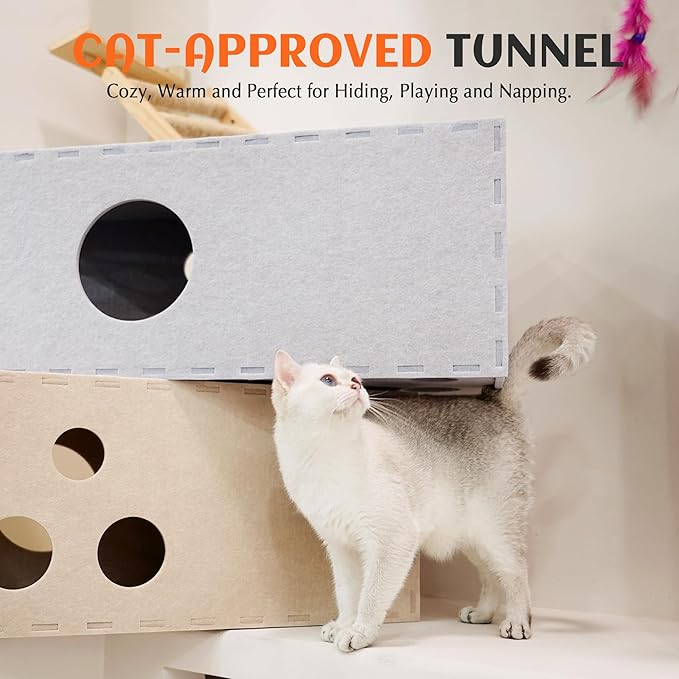 PETKARAY Cat Tunnel, Original Cat Hideaway Cave for Indoor Cats, Large Kitten Play Tubes and Tunnels, Soft Felt Cat Toy with Interactive Peek Hole， Grey Straight