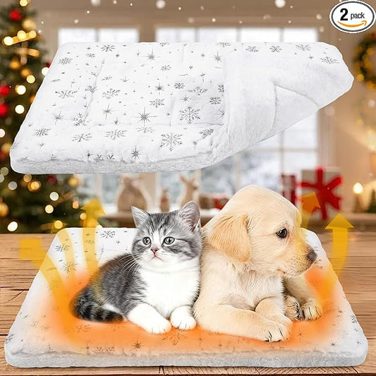 2 Pack Winter Self Warming Cat Mat Snowflake White Self Heating Pad Bed 22" x 18" Reversible Reflects Body Heat Machine Washable Thermal Pet Blanket for Winter Indoor Pet Kitten Dog Crate