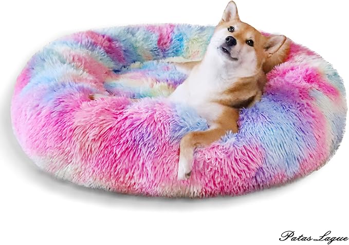 Patas Lague Calming Dog Bed for Medium Dogs, Fluffy Soft Cozy Cat Bed, Faux Fur Anti-Anxiety Plush Washable Pet Donut Cuddler for All Seasons 24IN, Mixed Rainbow